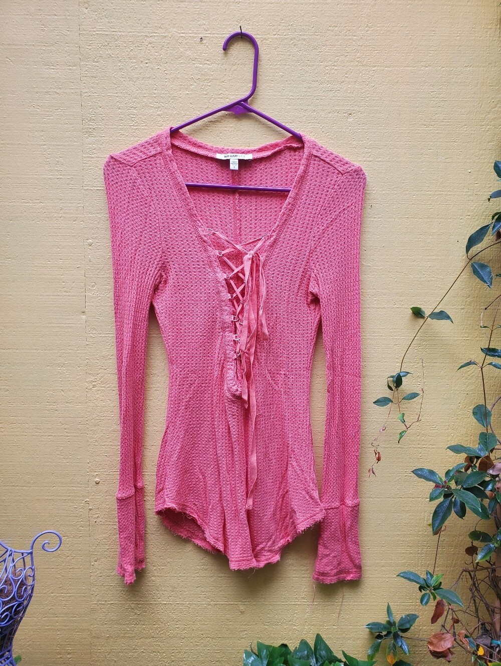 Women’s Lace-Up Waffle Knit Long Sleeve Top in Pink